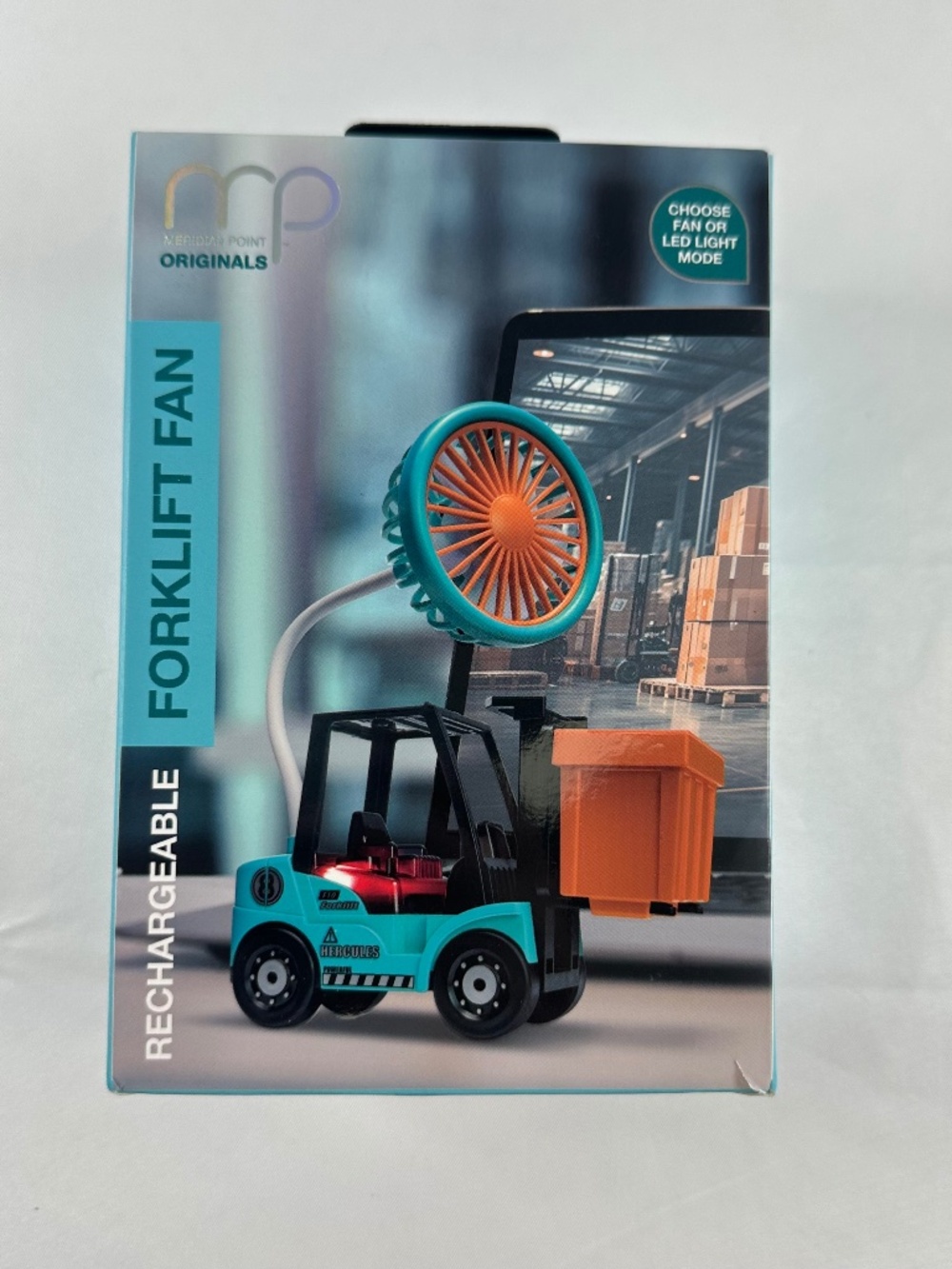 Forklift Fan, Meridian Point Originals, Rechargeable, Teal & Orange, New in Box